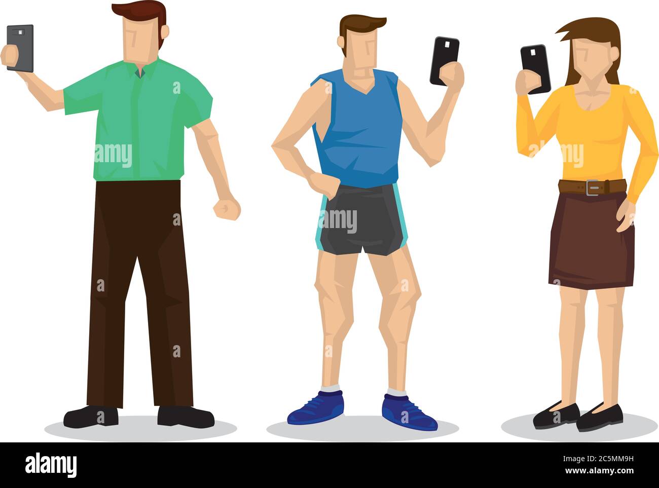 People ignore each other and holding mobile in hands. Concept of technology addiction or bad habit. Flat isolated vector illustration. Stock Vector