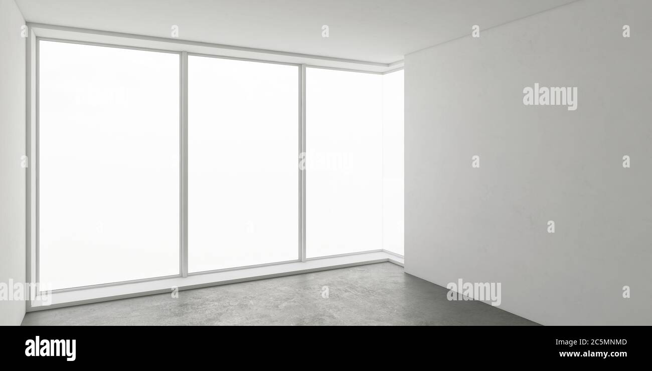 Business architecture interior, Empty room with whithe wall and grey floor, corner glass windows wall, walls and sunlight from large windows Stock Photo