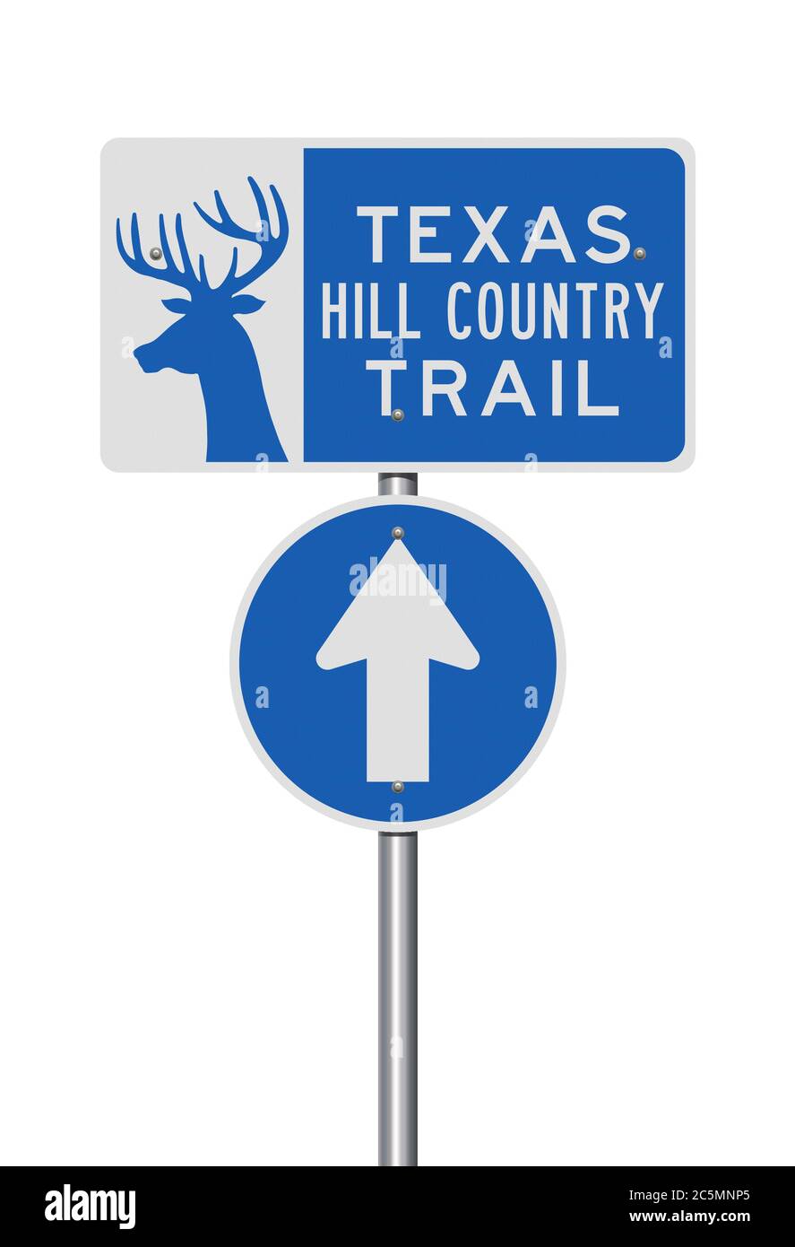Vector illustration of the Texas Hill Country Trail blue road signs on metallic pole Stock Vector
