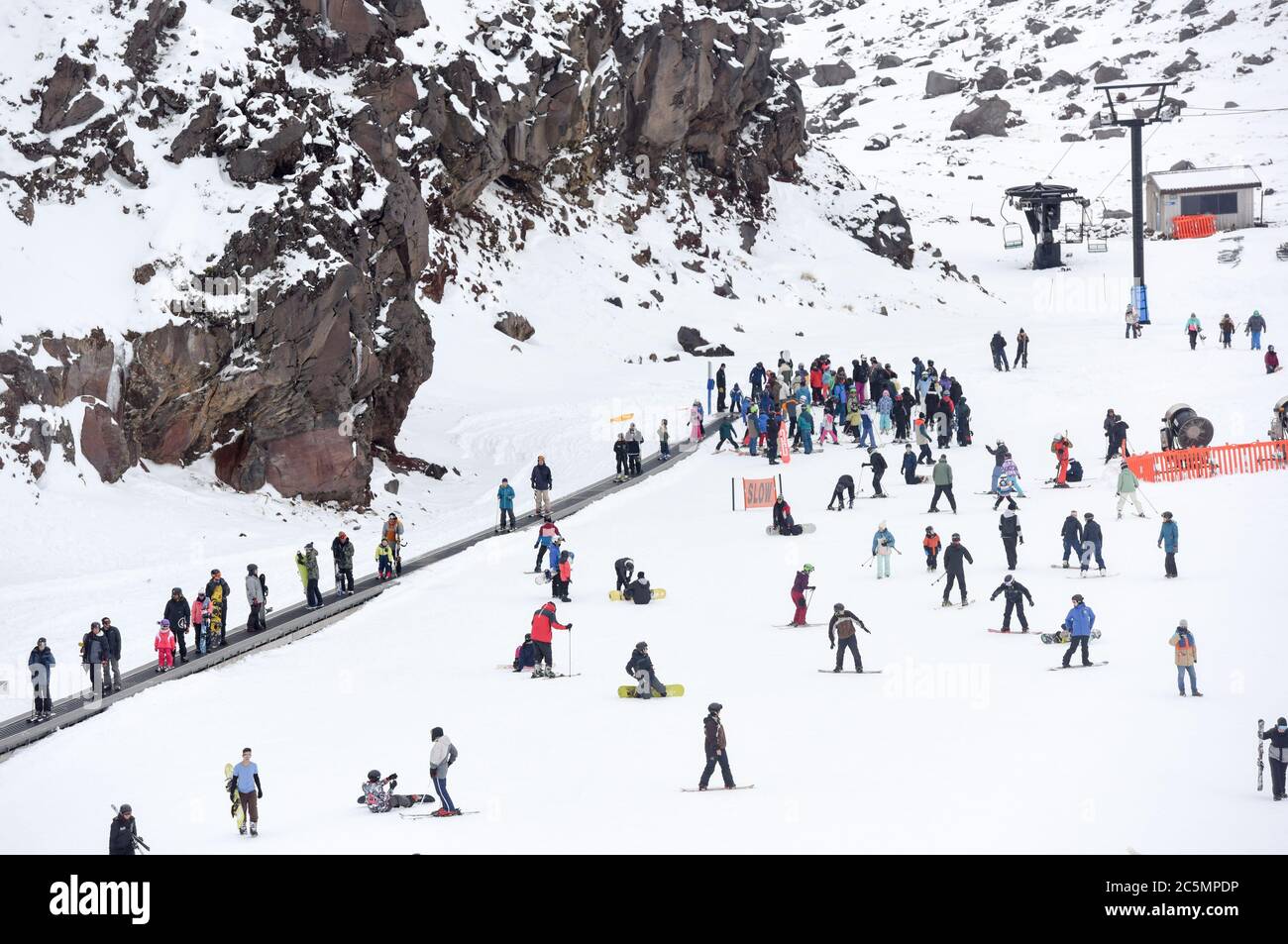 Wellington. 4th July, 2020. People ski at Whakapapa ski field in New Zealand's North Island, July 4, 2020. The ski field opened a small part at a lower elevation to the public on Friday. Credit: Guo Lei/Xinhua/Alamy Live News Stock Photo