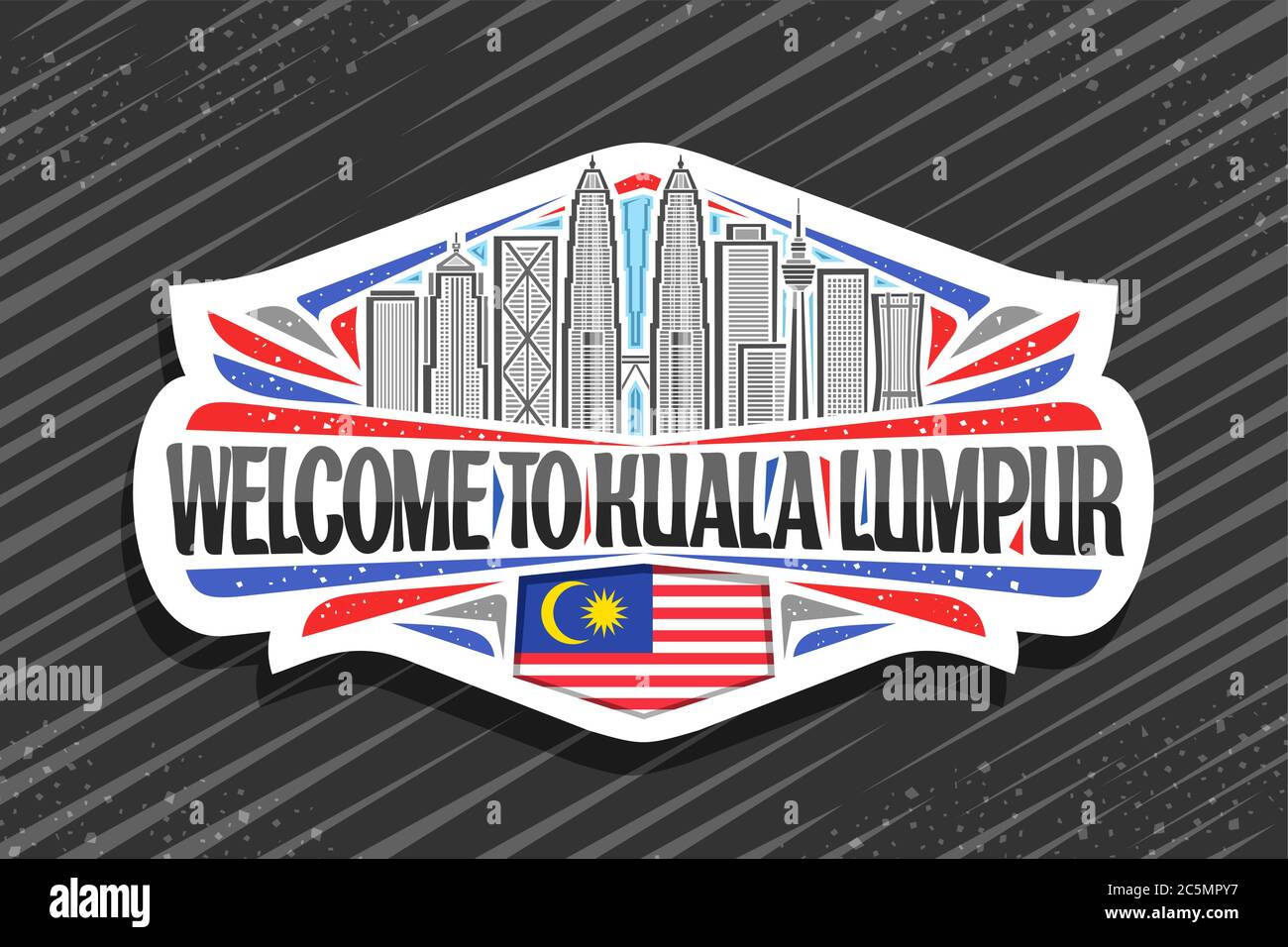 Vector logo for Kuala Lumpur, white badge with outline illustration of modern kuala lumpur city scape on day sky background, fridge magnet with unique Stock Vector
