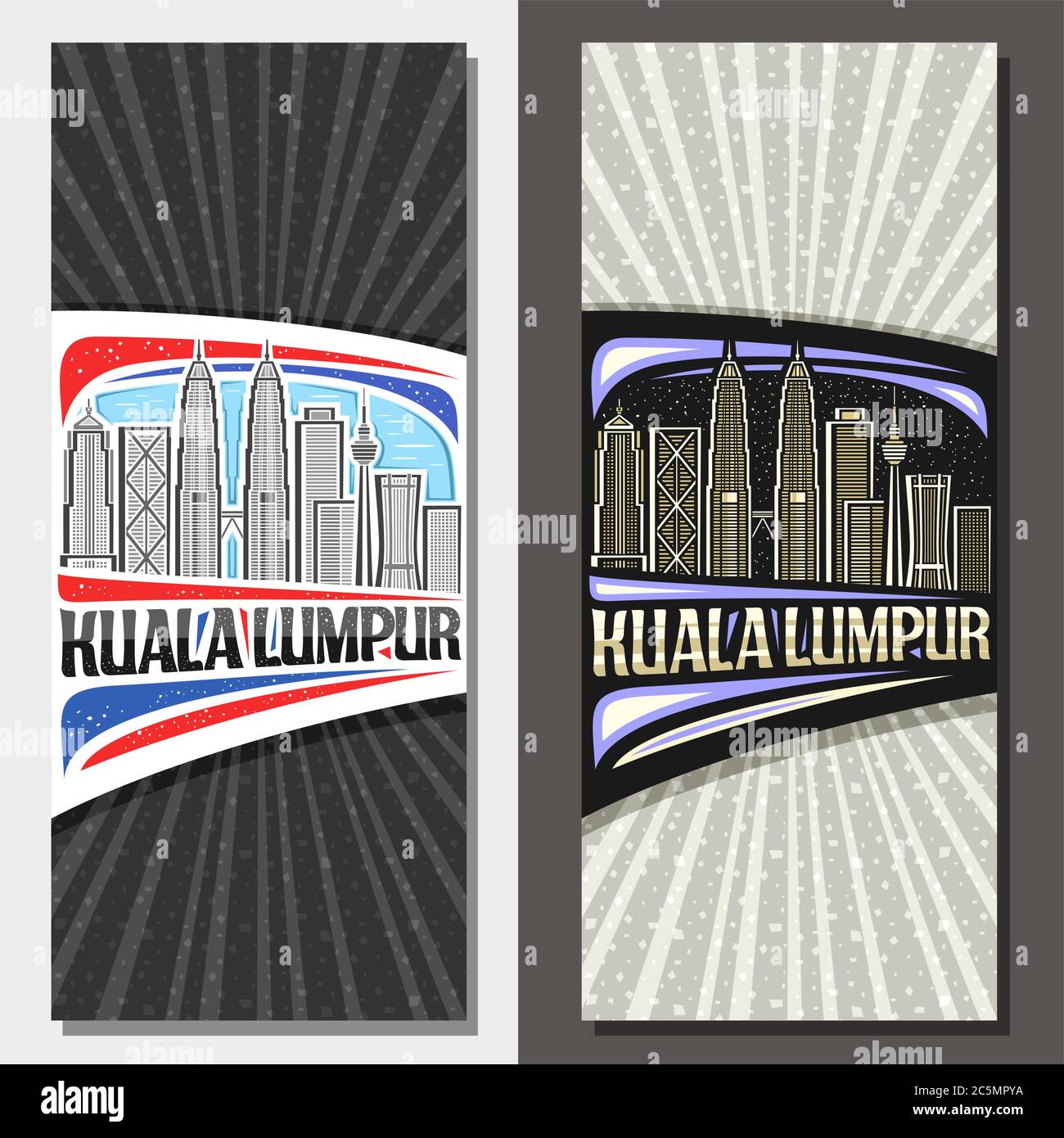 Vector layouts for Kuala Lumpur, decorative leaflet with line illustration of kuala lumpur city scape on day and dusk sky background, art design touri Stock Vector