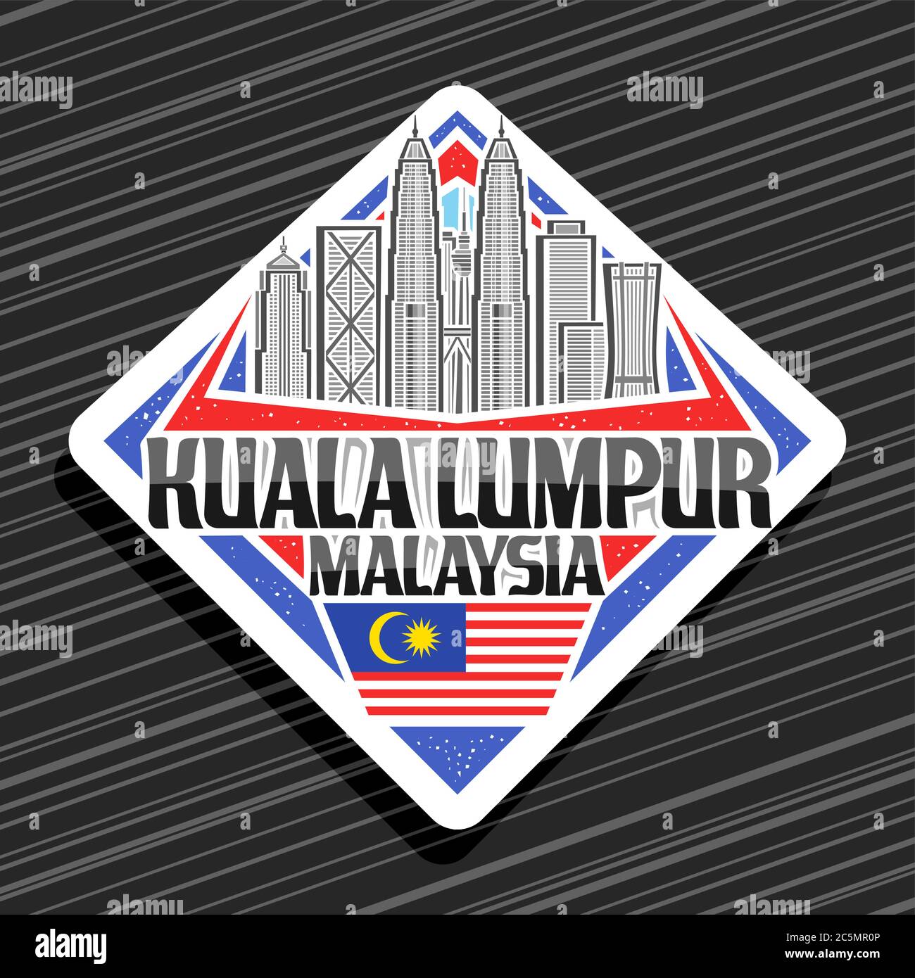 Vector logo for Kuala Lumpur, white road sign with line illustration of modern kuala lumpur city scape on day sky background, fridge magnet with uniqu Stock Vector