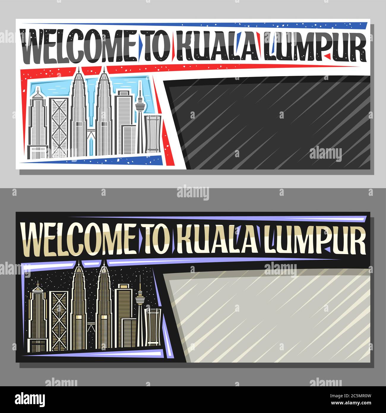 Vector layouts for Kuala Lumpur, decorative voucher with illustration of modern kuala lumpur city scape on day and dusk sky background, art design tou Stock Vector