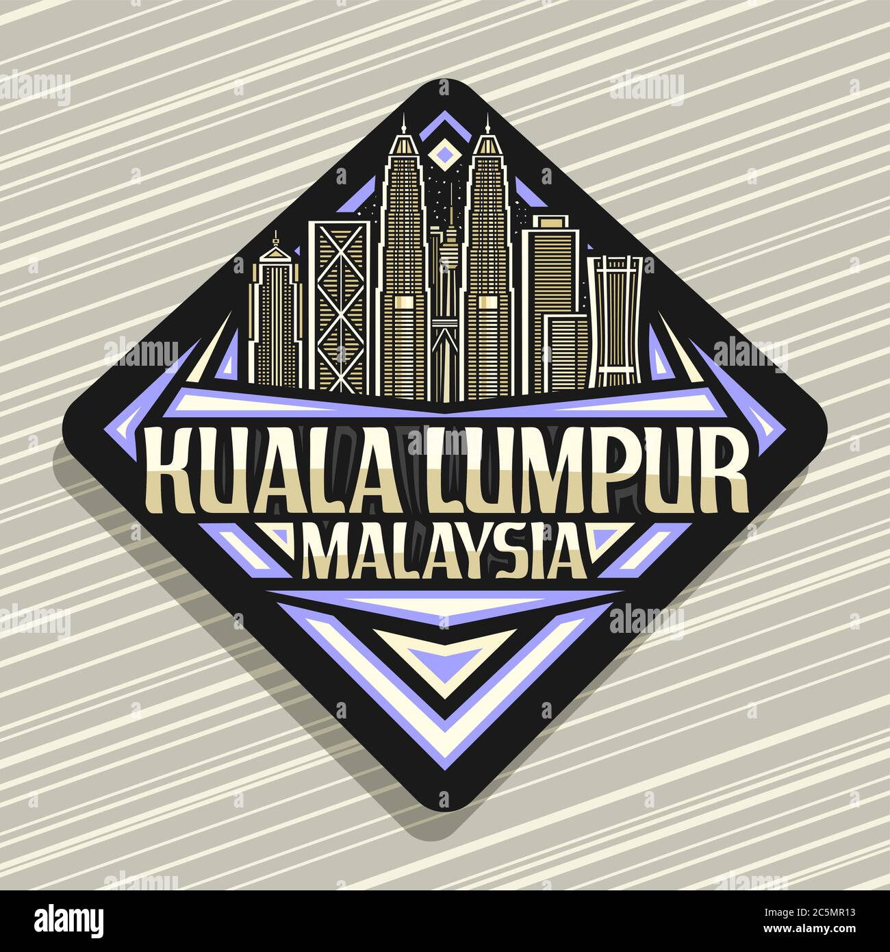 Vector logo for Kuala Lumpur, black road sign with line illustration of modern kuala lumpur city scape on evening sky background, fridge magnet with u Stock Vector
