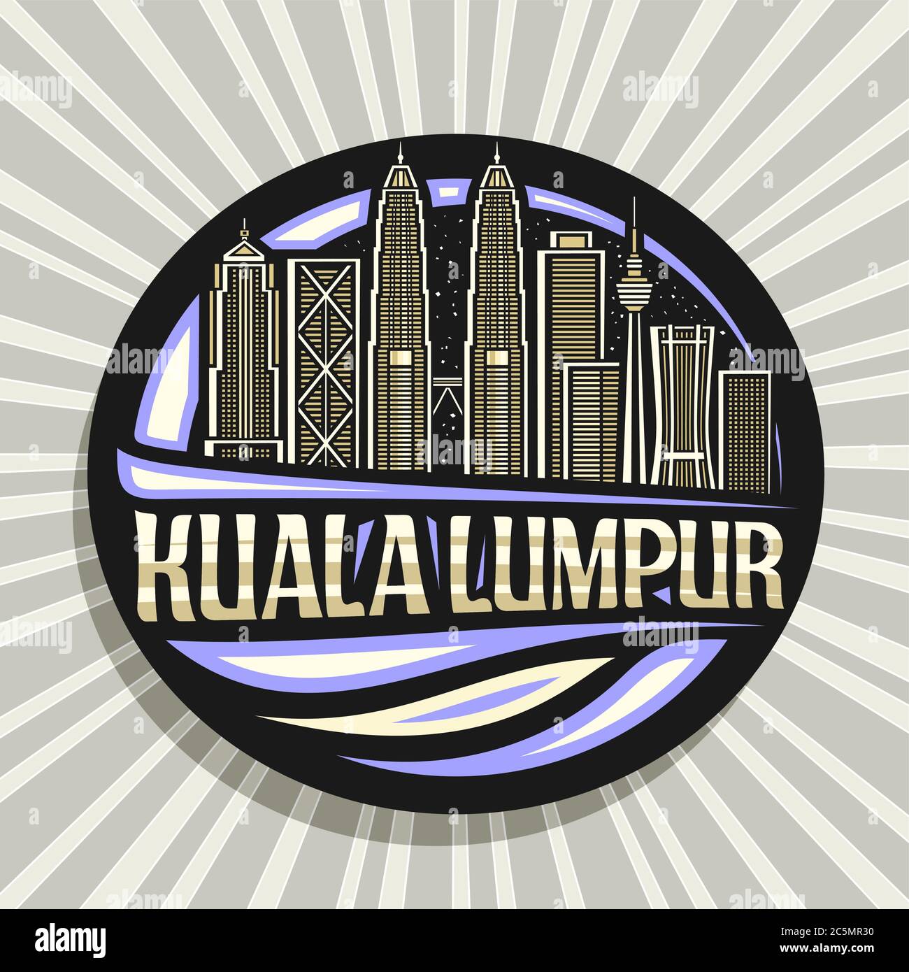 Vector logo for Kuala Lumpur, black badge with line illustration of modern kuala lumpur city scape on dusk sky background, art design tourist fridge m Stock Vector