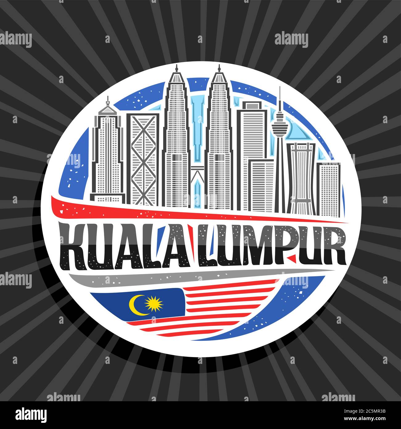 Vector logo for Kuala Lumpur, white sticker with line art illustration of modern kuala lumpur city scape on day sky background, tourist fridge magnet Stock Vector