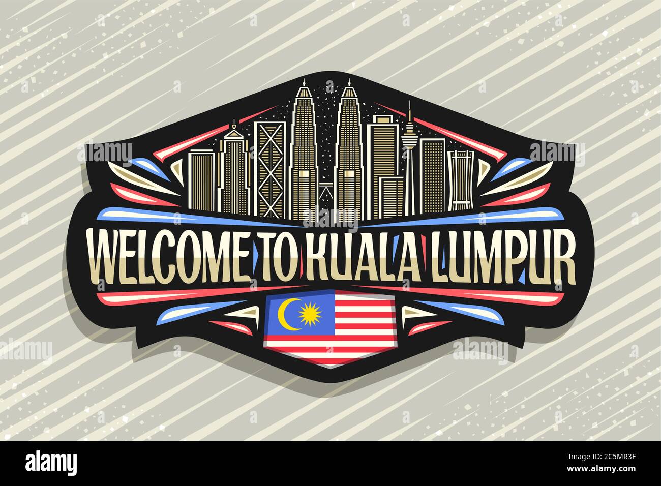 Vector logo for Kuala Lumpur, black decorative tag with line illustration of modern kuala lumpur city scape on dusk sky background, fridge magnet with Stock Vector