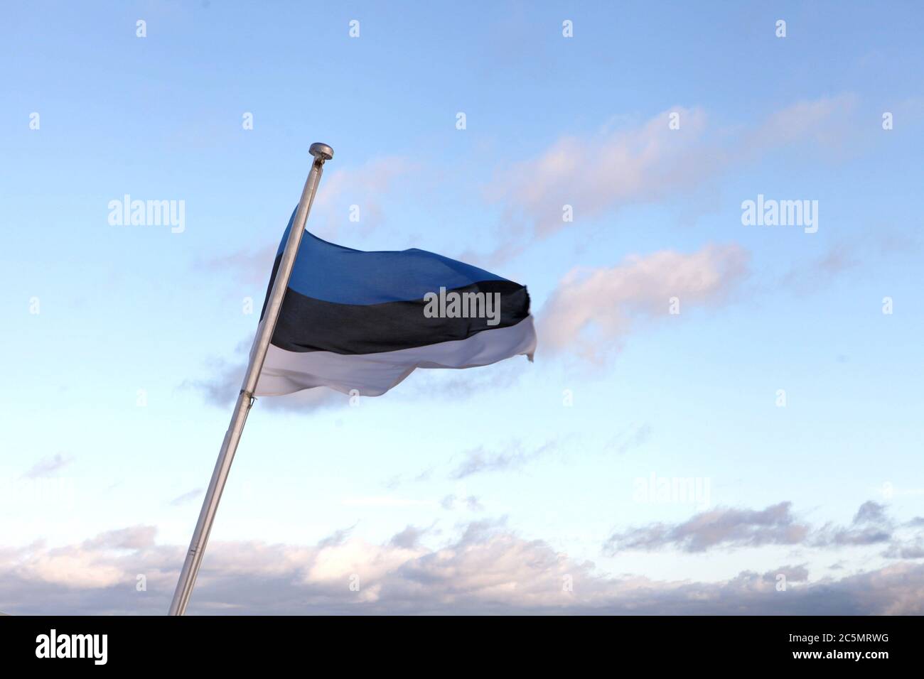 Estonian tricolor behind blue sky. Flag of Estonia flying in the wind Stock Photo