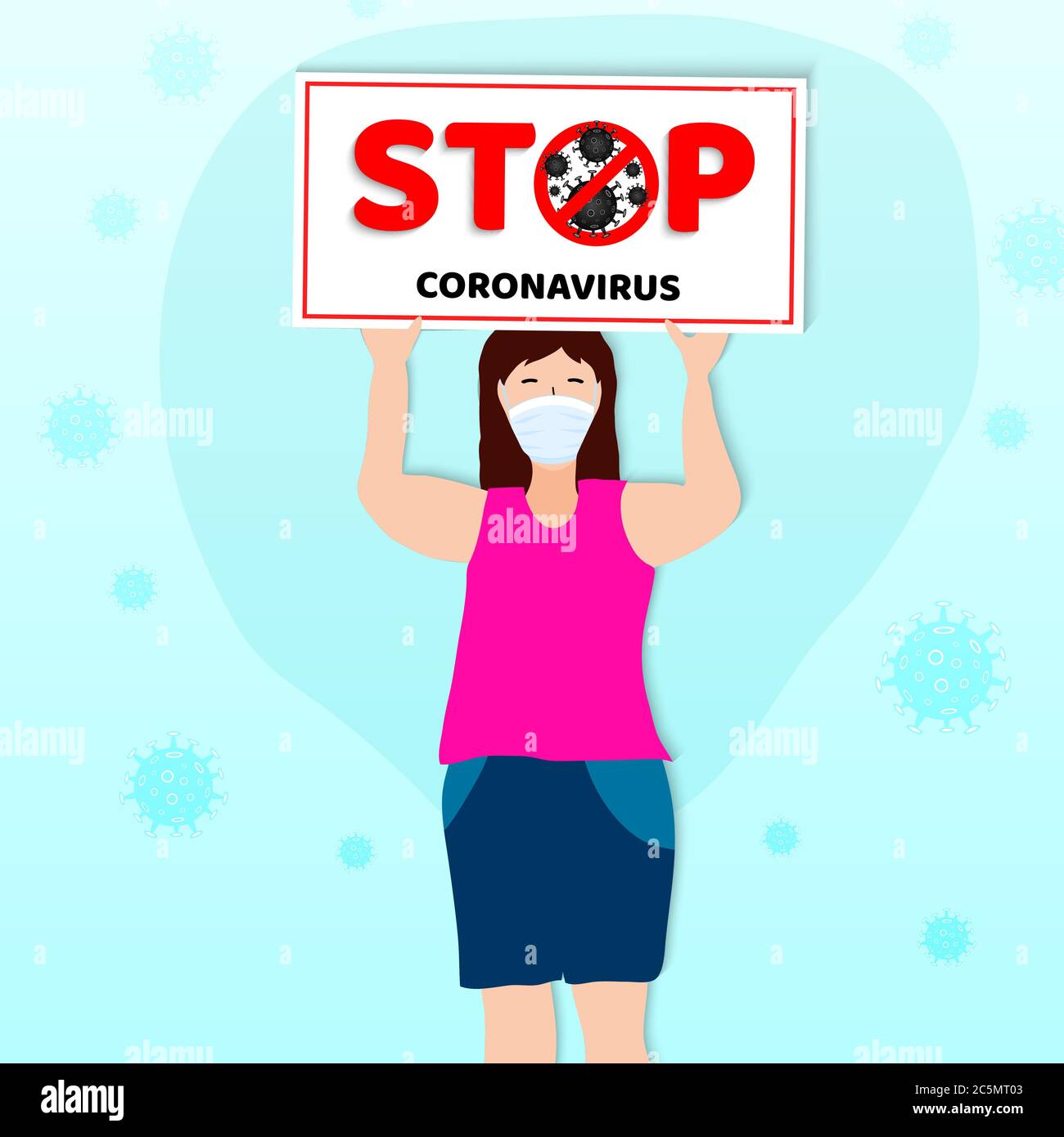 Woman in medical mask holds a stop coronavirus poster. COVID-19 danger and public health risk disease and flu outbreak. Vector illustration Stock Vector