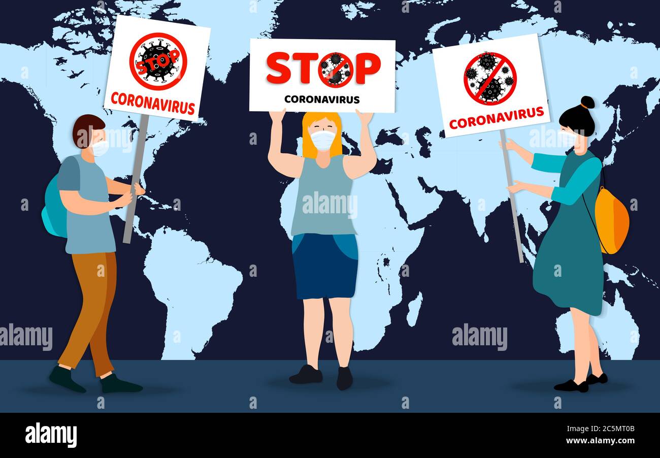 People in medical mask hold a stop coronavirus poster. COVID-19 danger and public health risk disease and flu outbreak. Vector illustration Stock Vector