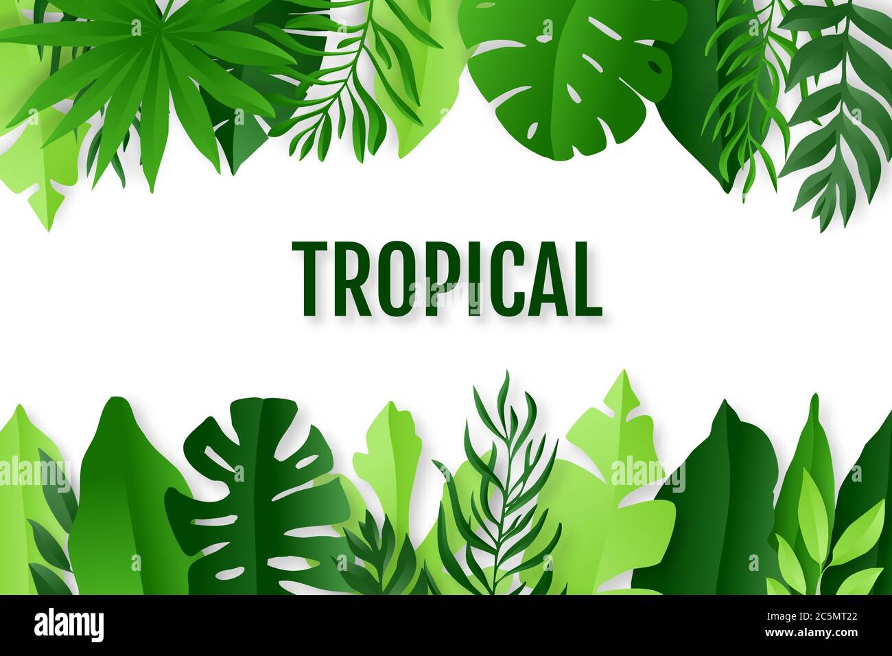 Green tropical leaves frame. Summer background. Paper cut style. Vector illustration Stock Vector