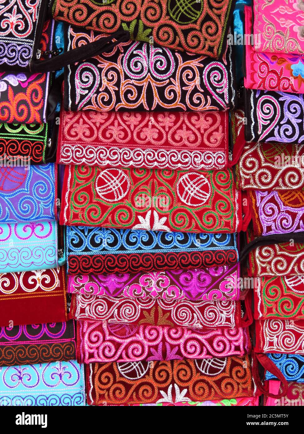 Traditional souvenirs - Kazakh ethnic handbags in street market in Almaty, Kazakhstan Stock Photo