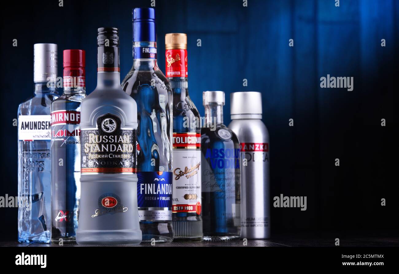 POZNAN, POL JUN 26, 2020 Bottles of several global brands of vodka