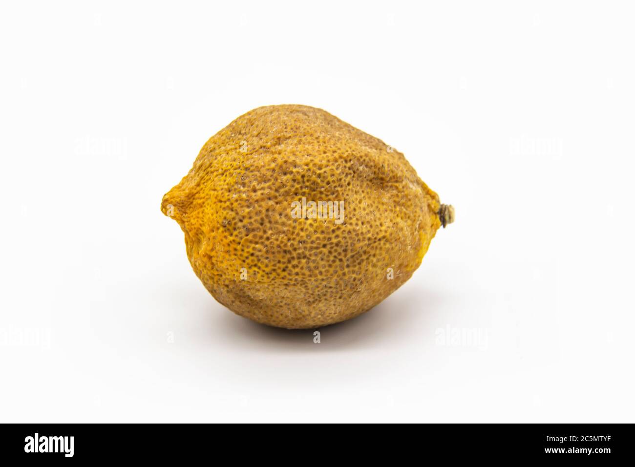 Spoiled and dry lemon isolated on white background. Dried lemon against background Stock Photo