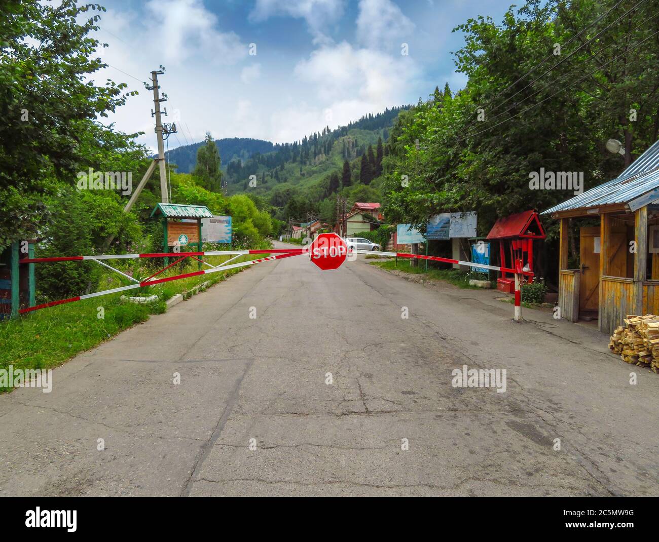 Almaty, Kazakhstan - July 17, 2017: The blockpost on the road leading to Tien Shan mountains near Almaty city, Kazakhstan Stock Photo