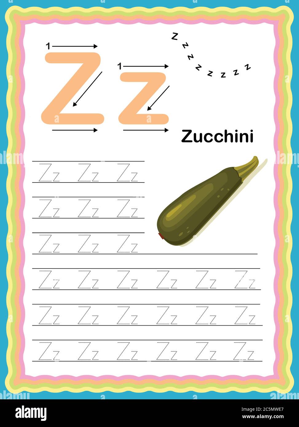 Colorful letter Z Uppercase and Lowercase Tracing alphabets start with Vegetables and fruits daily writing practice worksheet, printable A4 size - Col Stock Vector