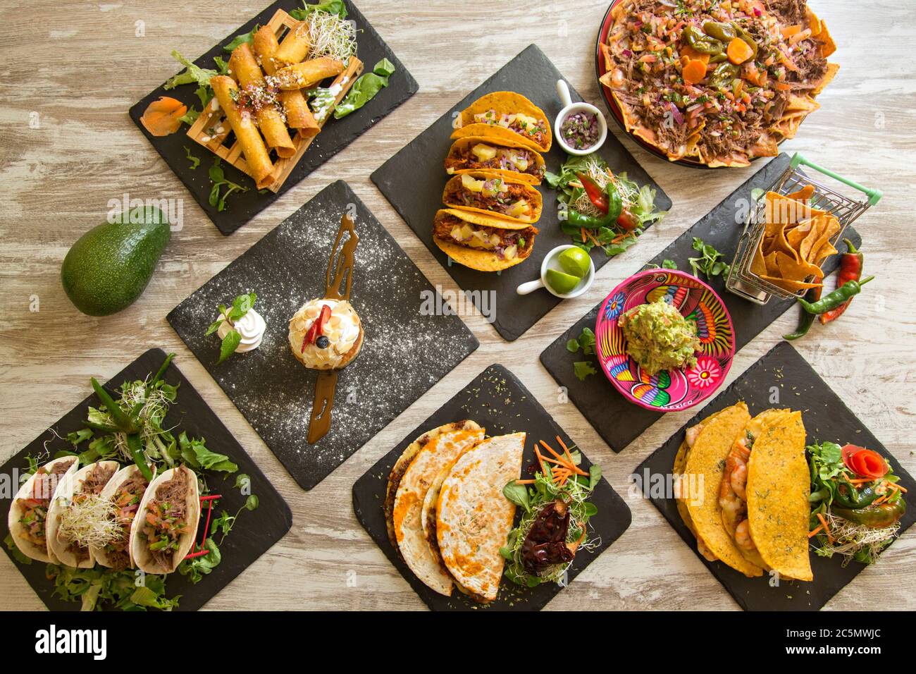 Table With Typical Mexican Food Seen From Above Nachos Tacos Chimichanga Quesadillas Guacamole Stock Photo Alamy