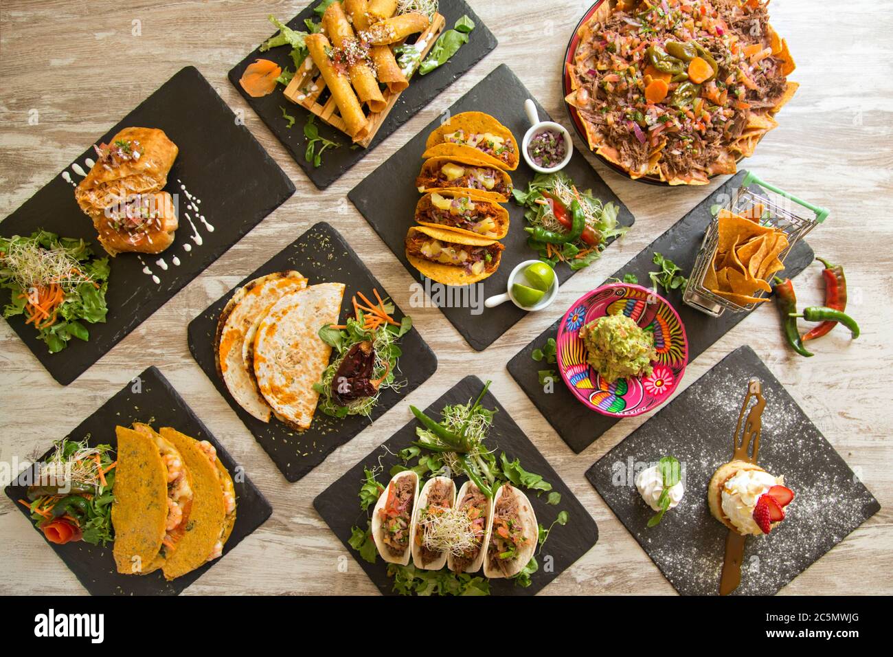 Table With Typical Mexican Food Seen From Above Nachos Tacos Chimichanga Quesadillas Guacamole Stock Photo Alamy
