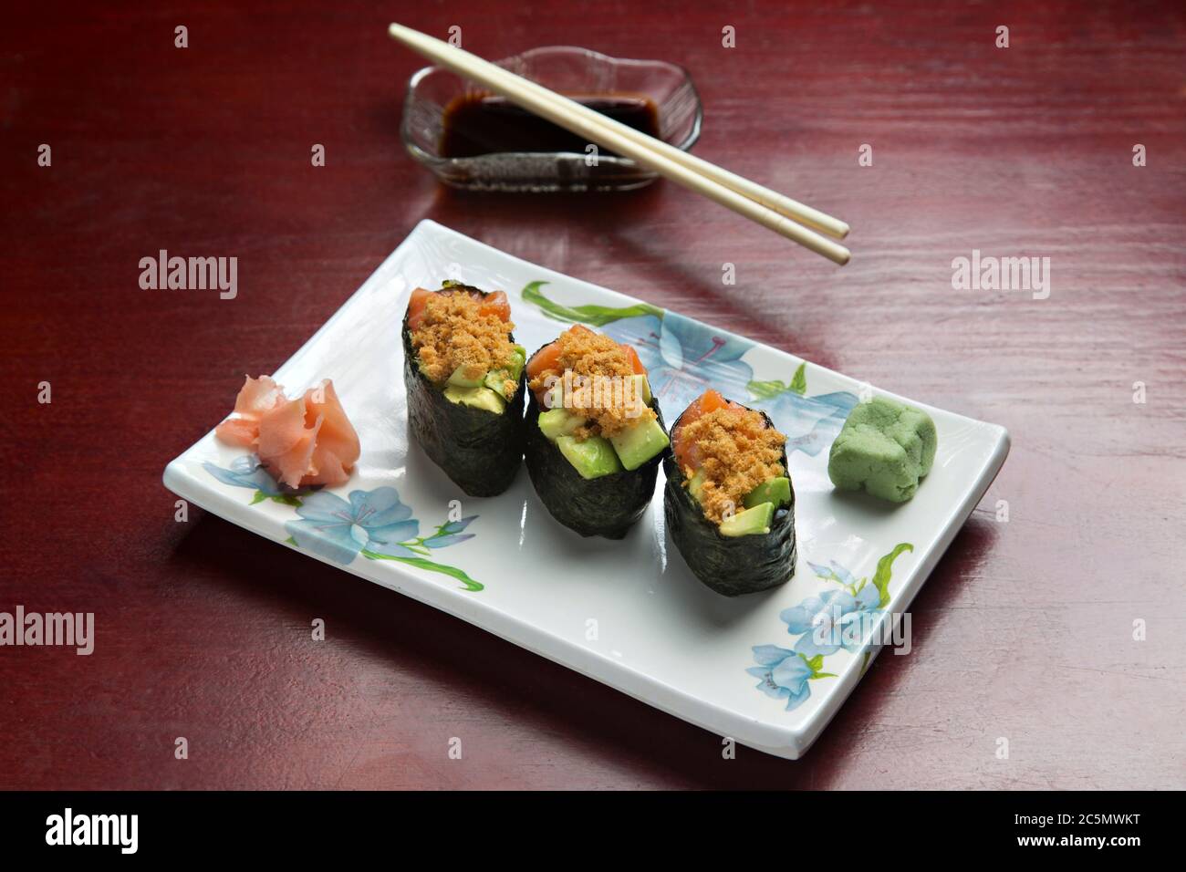 Japanese Gunkan Sushi With Salmon On Wooden Background Stock Photo Alamy