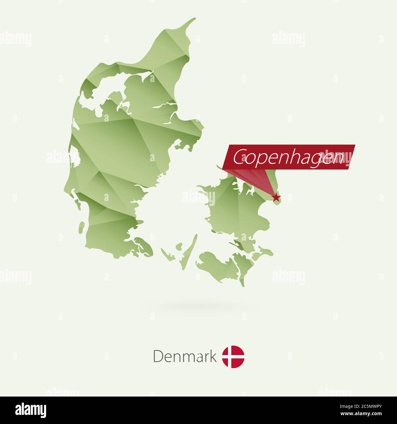 Green gradient low poly map of Denmark with capital Copenhagen Stock Vector