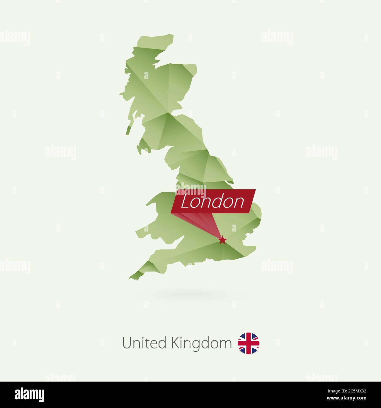 Green gradient low poly map of United Kingdom with capital London Stock Vector