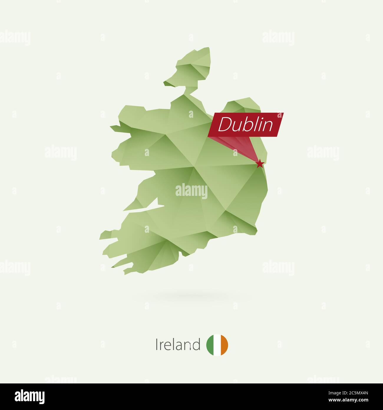 Green gradient low poly map of Ireland with capital Dublin Stock Vector
