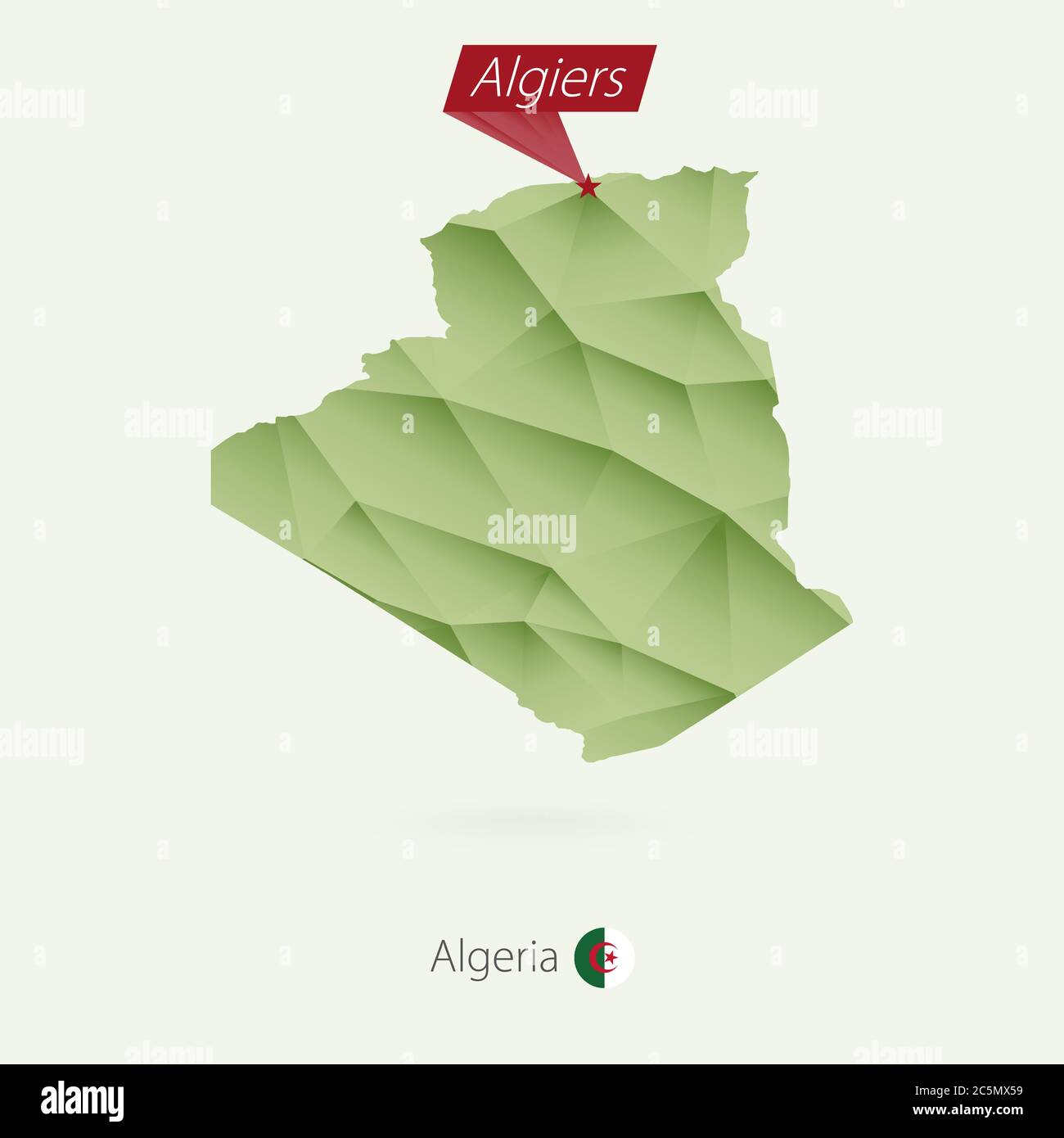 Green gradient low poly map of Algeria with capital Algiers Stock Vector