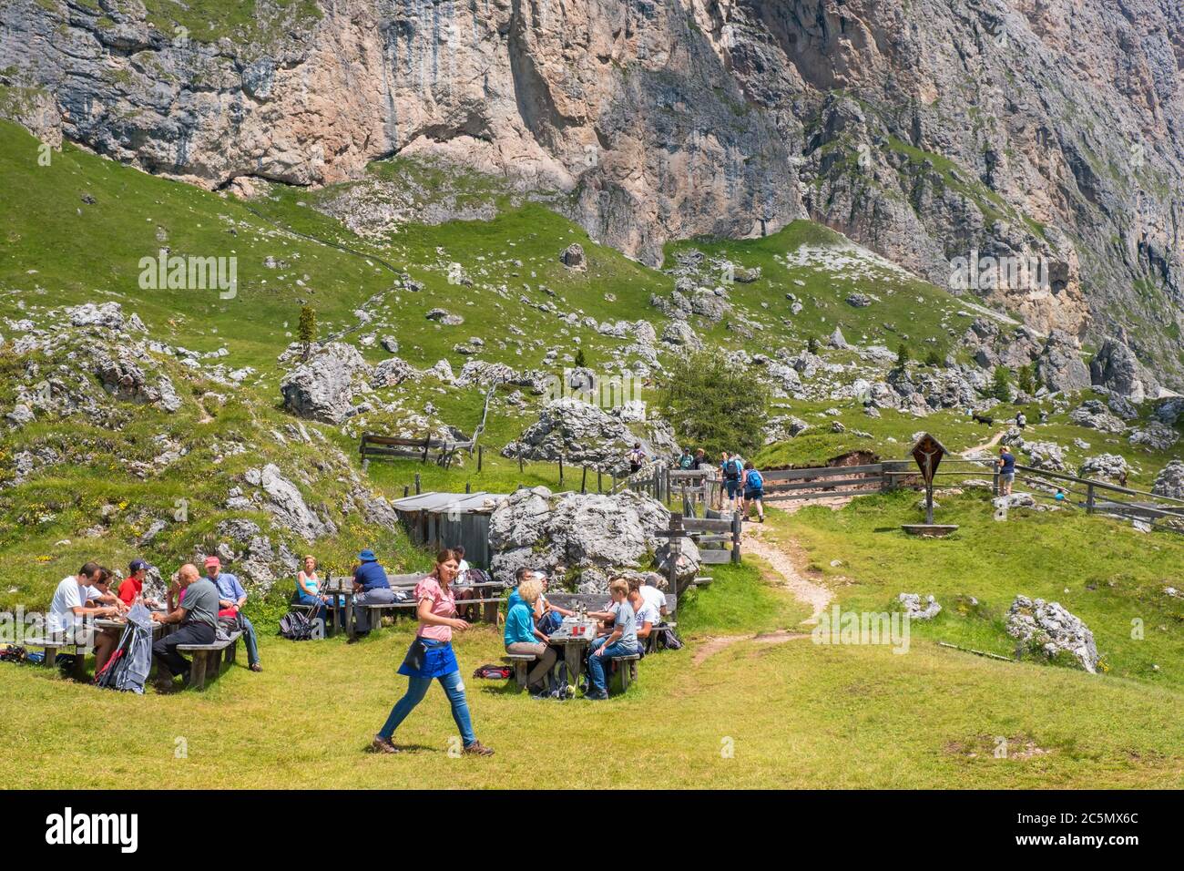 Resting area for Mountain hikers in the dolomites Stock Photo
