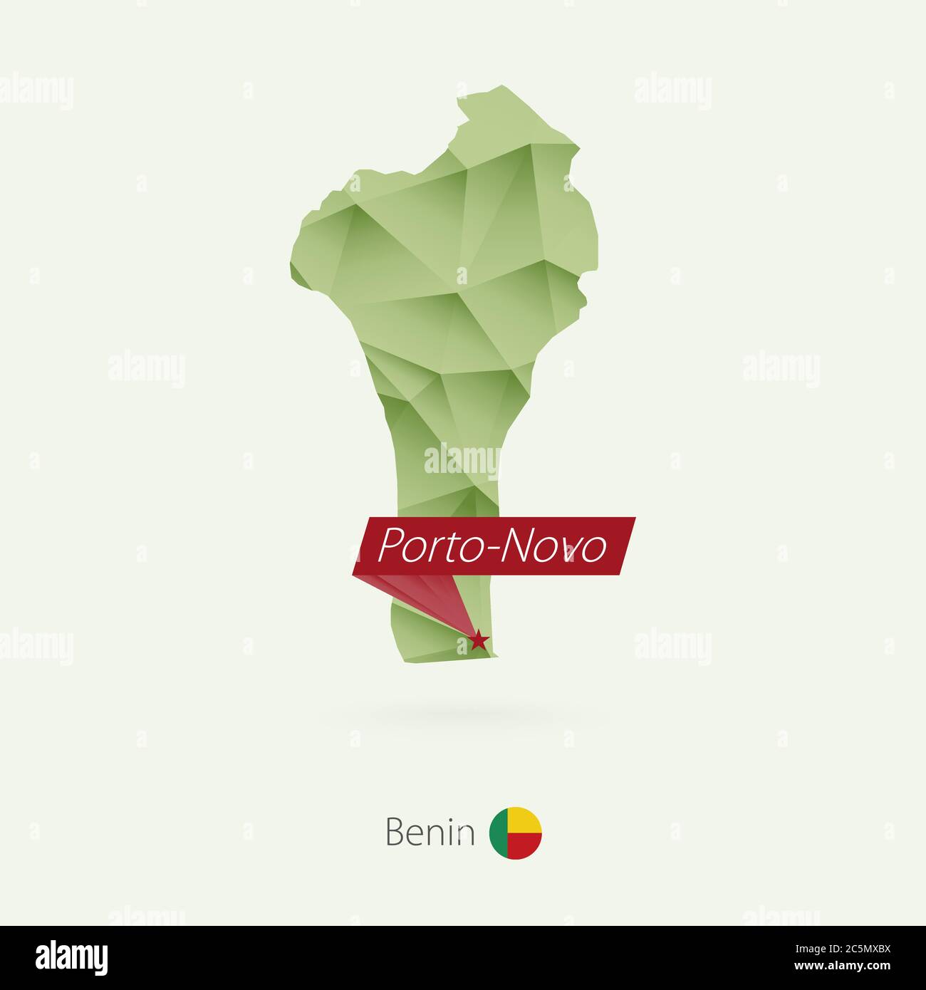 Green gradient low poly map of Benin with capital Porto-Novo Stock Vector