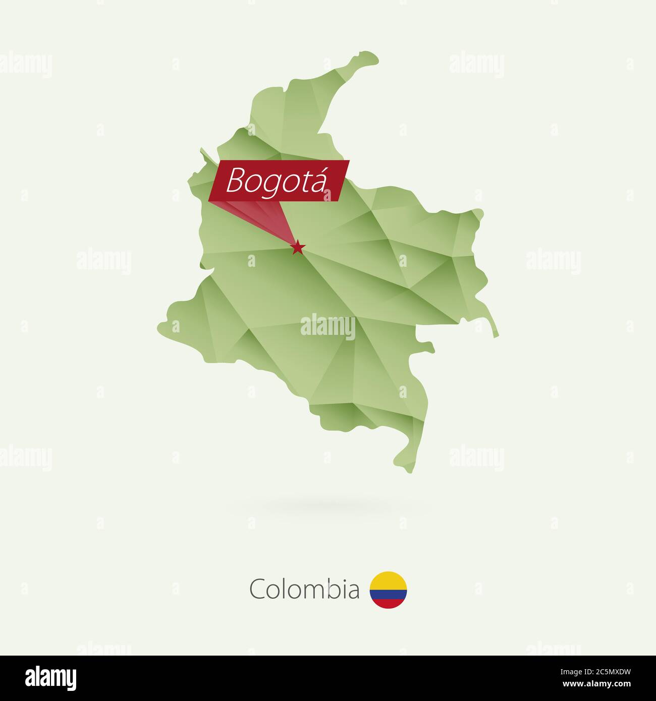 Green gradient low poly map of Colombia with capital Bogota Stock Vector