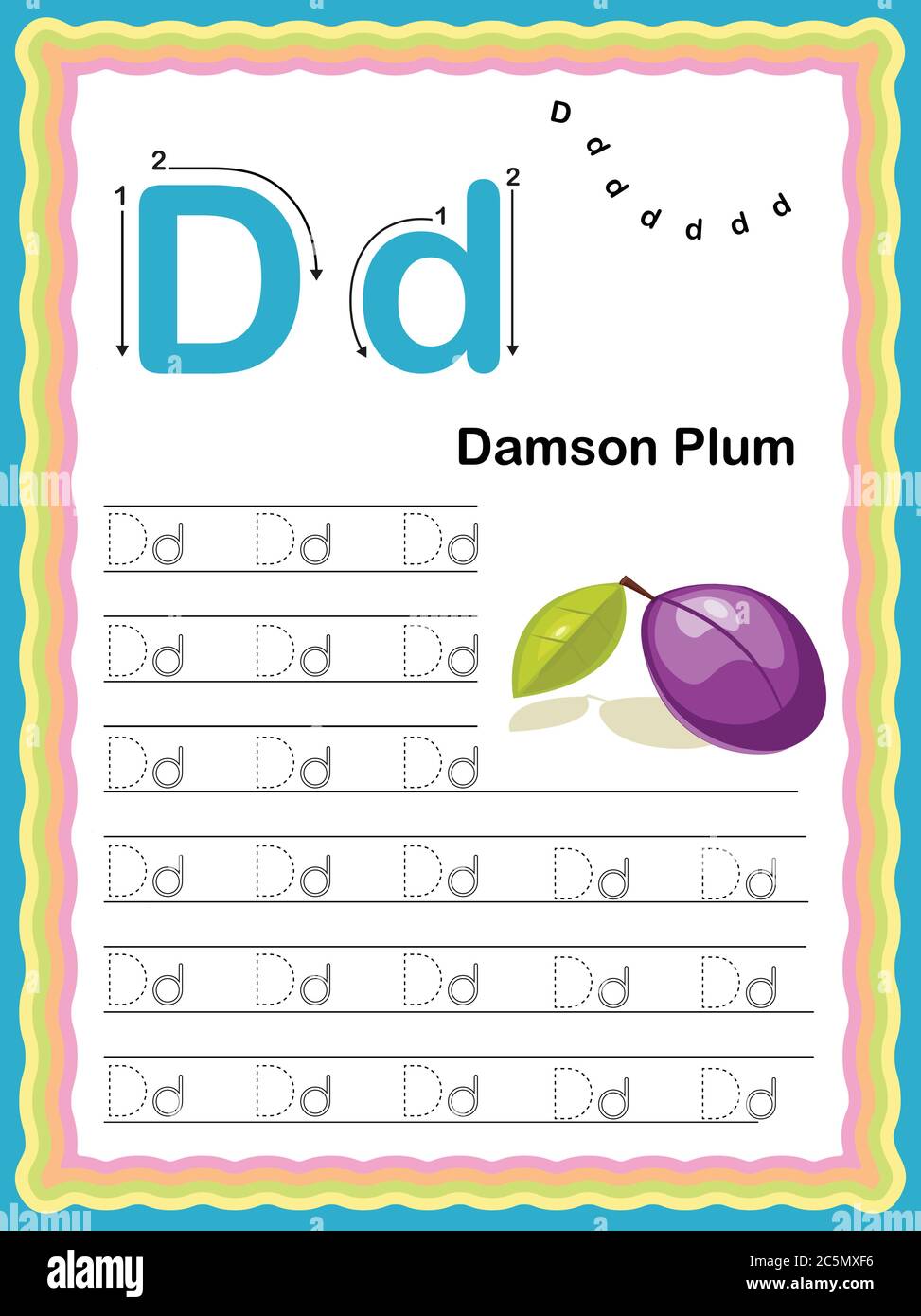 colorful letter d uppercase and lowercase tracing alphabets start with vegetables and fruits daily writing practice worksheet printable a4 size col stock vector image art alamy