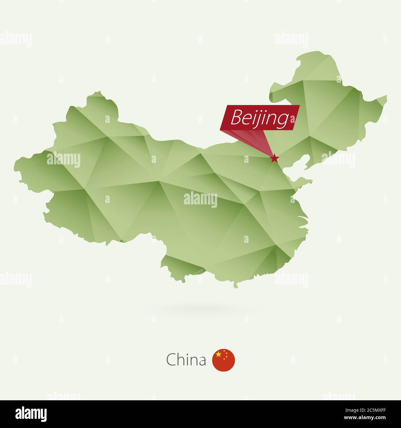 Green gradient low poly map of China with capital Beijing Stock Vector