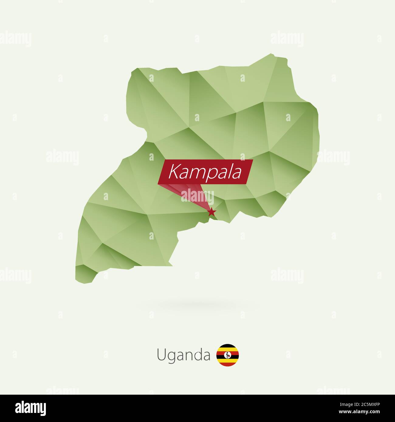Green gradient low poly map of Uganda with capital Kampala Stock Vector