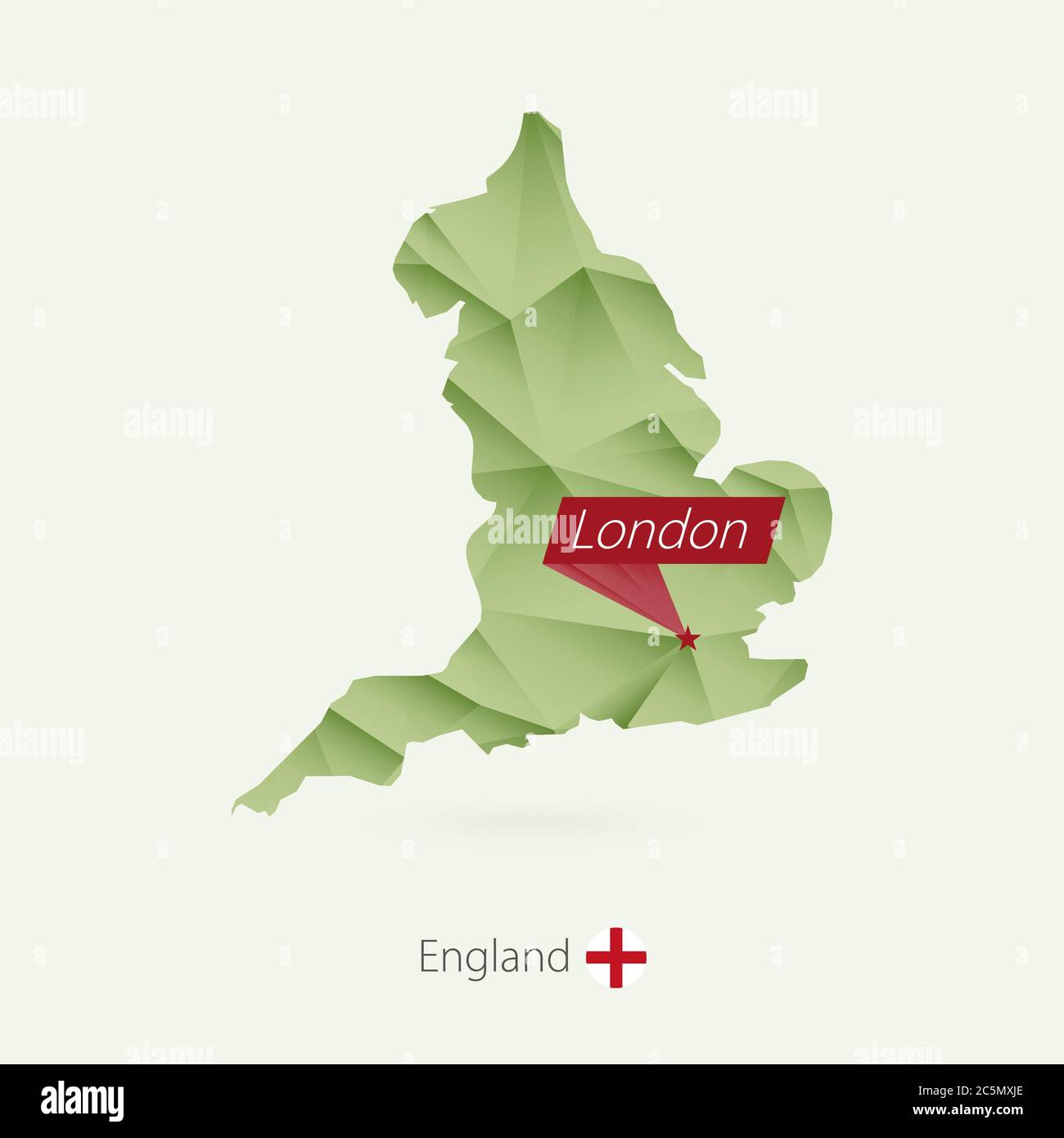 Green gradient low poly map of England with capital London Stock Vector