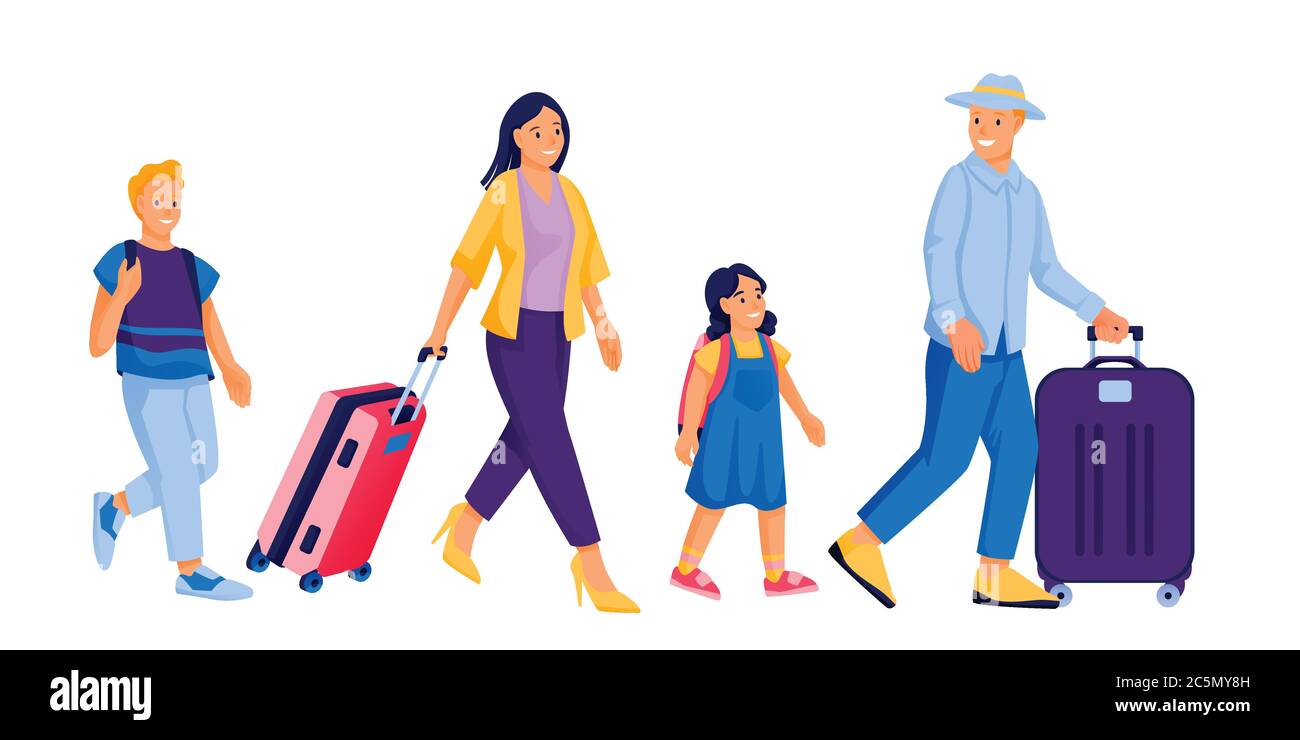 Happy family with two kids walking with baggage. Vector flat cartoon tourists characters illustration. Traveling man, woman, boy and girl with luggage Stock Vector