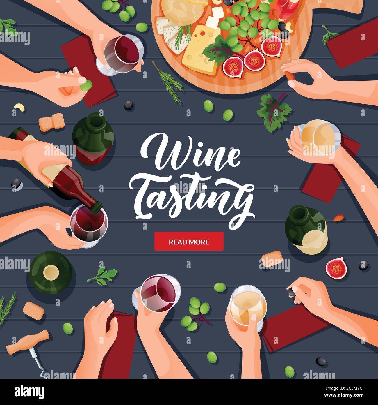 People drinking wine. Top view flat cartoon vector illustration of human hands with glasses and bottles. Wine tasting or party celebration concept. Wi Stock Vector