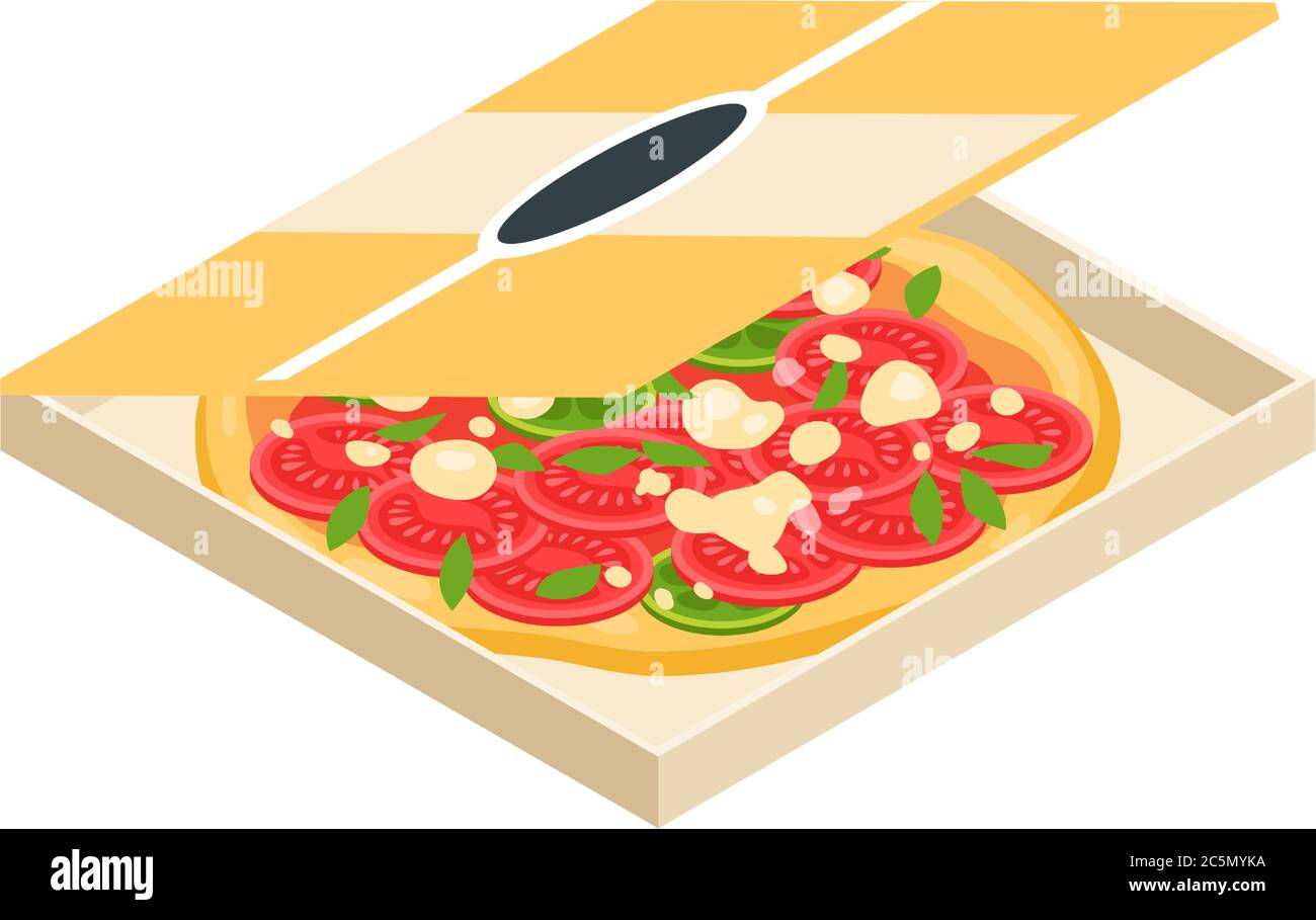 Delicious pizza in box isolated on white background. Vector image. Stock Vector