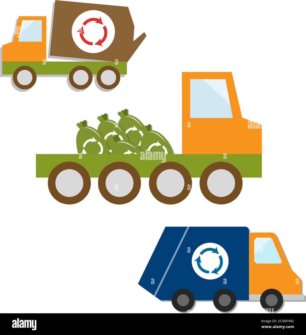 Garbage trucks. Garbage recycling and utilization equipment. Flat vector. Stock Vector