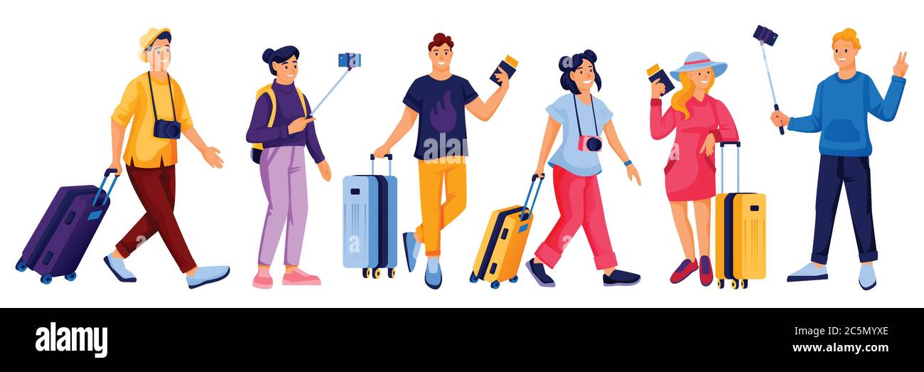 Happy young men and women tourists with baggage, isolated on white background. Vector flat cartoon summer vacation and tourism design elements. Travel Stock Vector