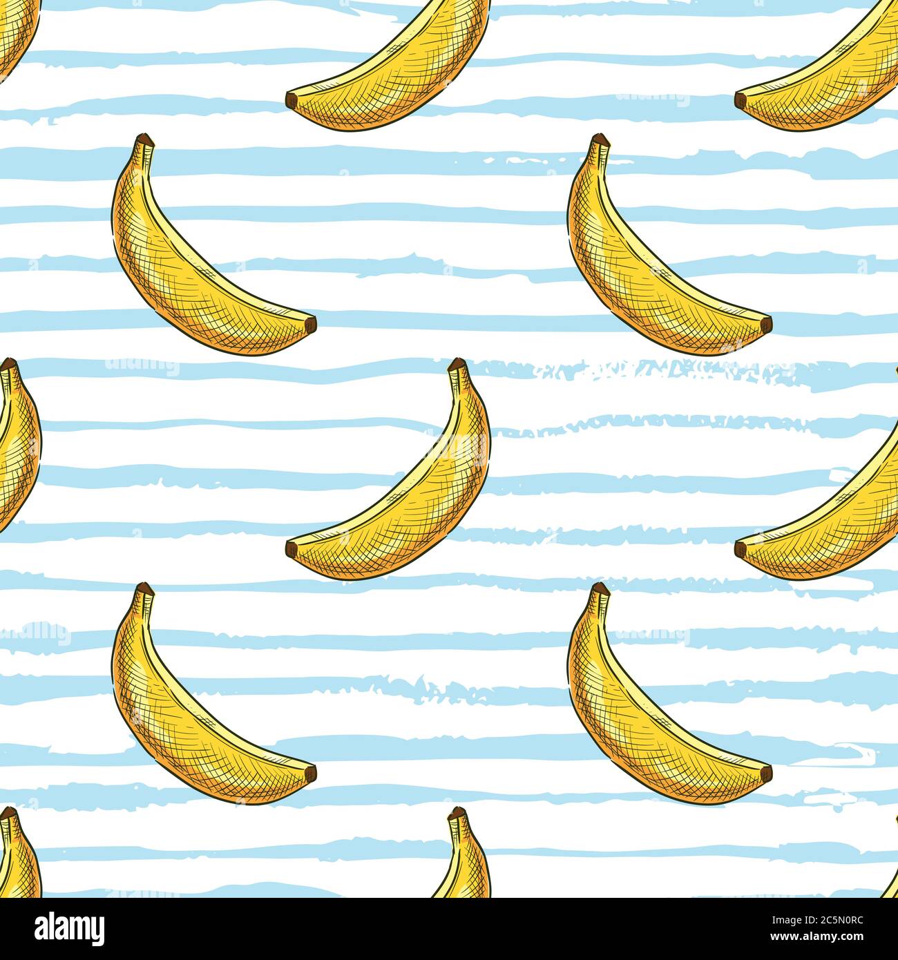 Tropical seamless pattern. Exotic banana fruits on blue white watercolor stripes background. Vector hand drawn sketch illustration. Summer design for Stock Vector
