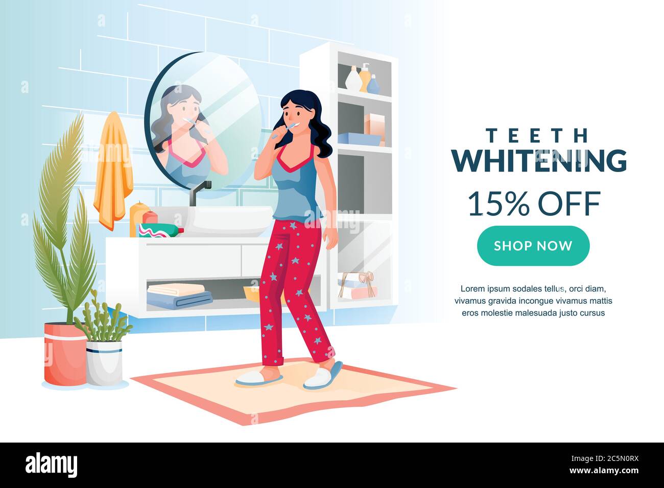 Teeth and mouth home care, morning routine concept. Young woman brushing her teeth in modern bathroom. Vector flat cartoon character illustration. Gir Stock Vector
