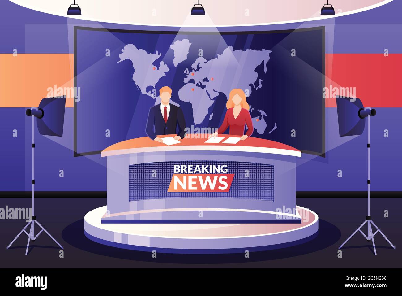 TV breaking news broadcasting, vector illustration. Man and woman media broadcasters talking in television studio. Professional anchormen characters. Stock Vector
