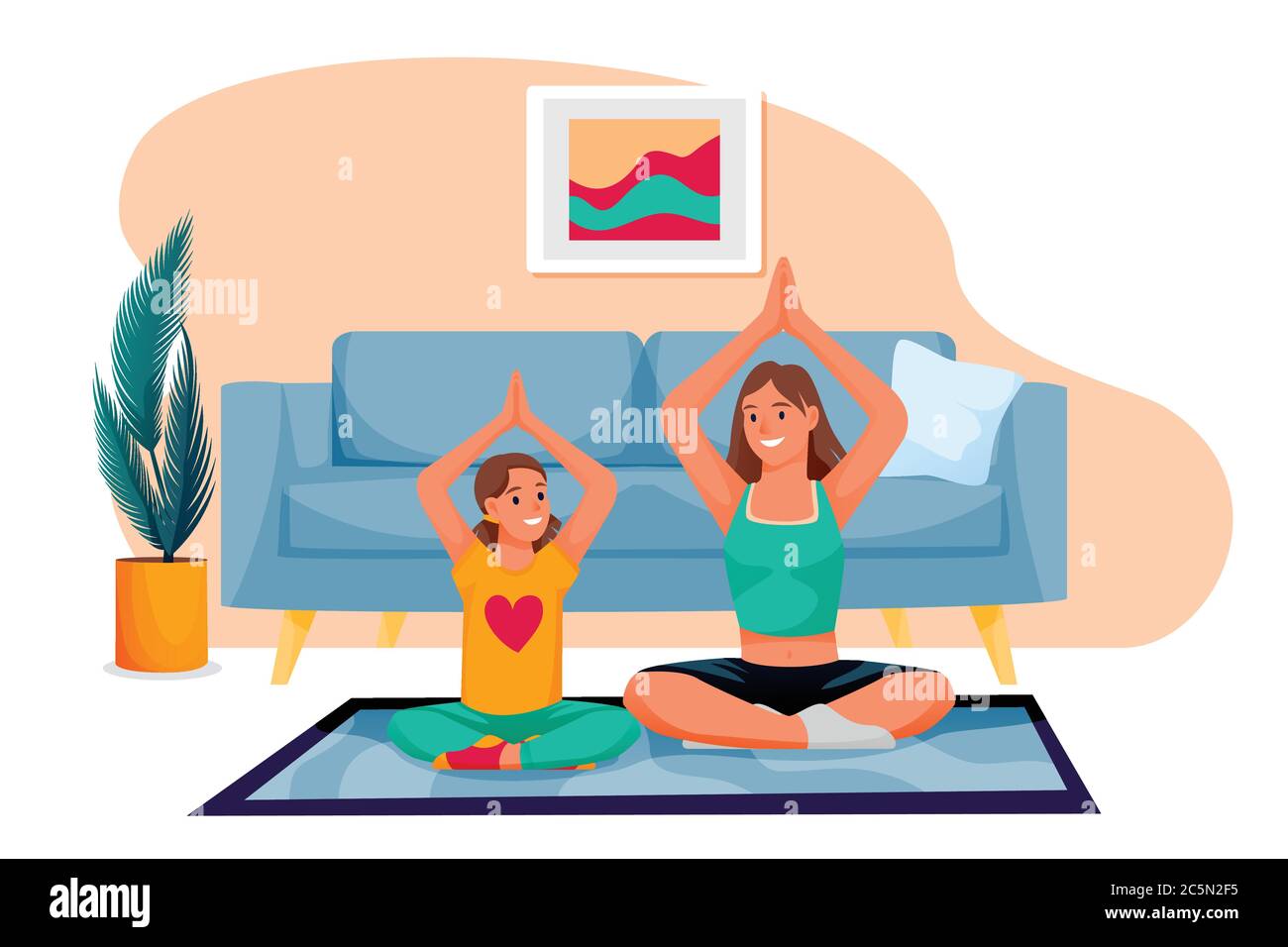 Happy mother and daughter do yoga exercises. Mom and little girl sitting on floor in lotus position. Vector characters illustration. Family sport, lei Stock Vector
