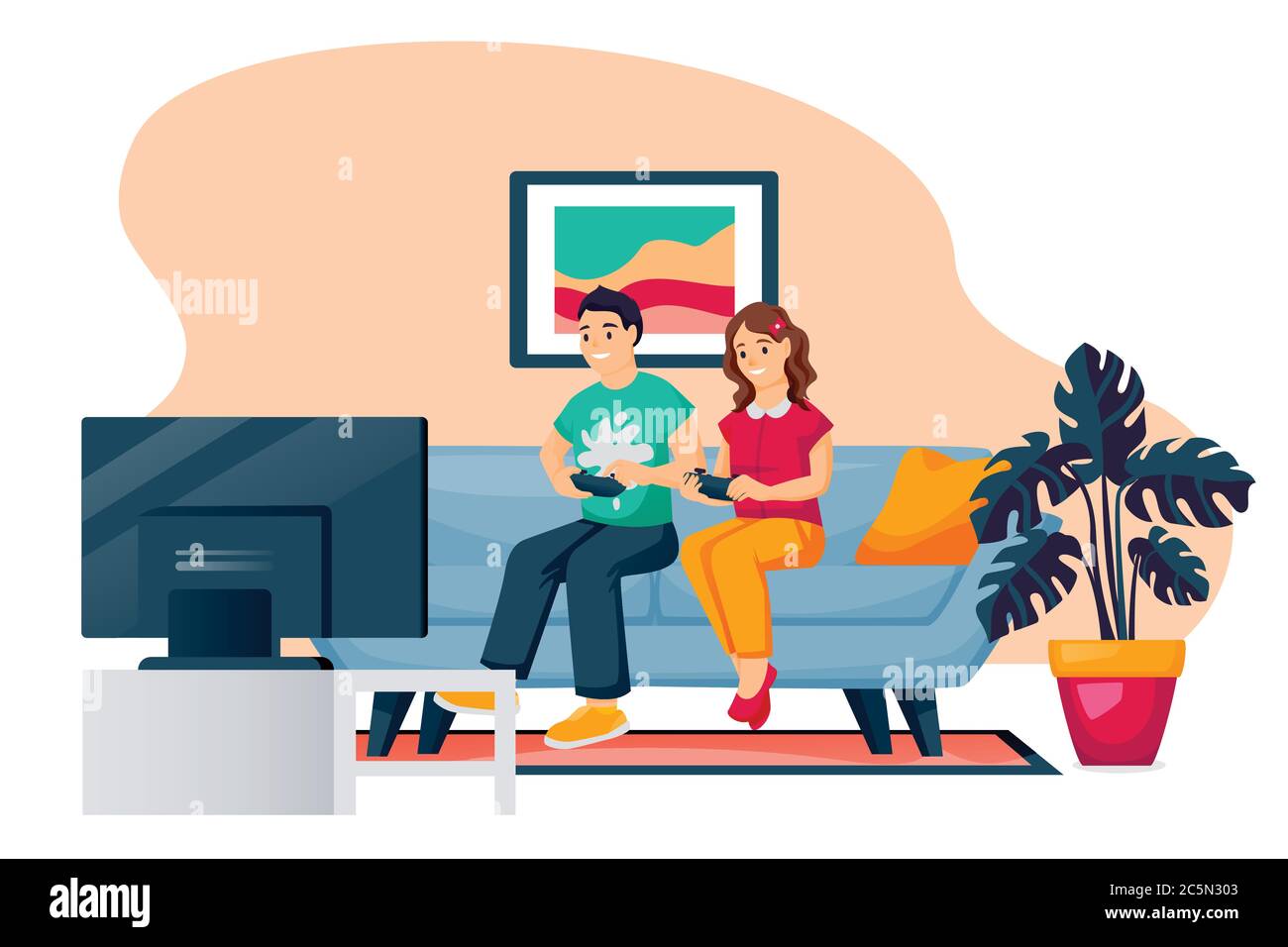 Happy kids play in video game. Little boy and girl with gamepads sit on sofa in playroom in front of TV. Vector characters illustration. Family leisur Stock Vector