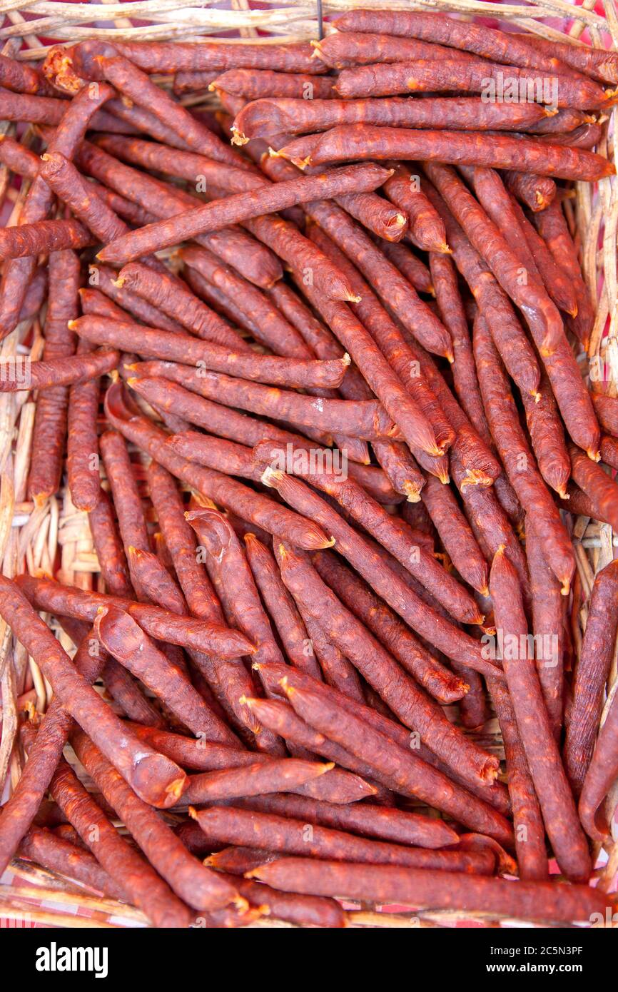 A whole buch of chorizo sausages in closeup Stock Photo Alamy