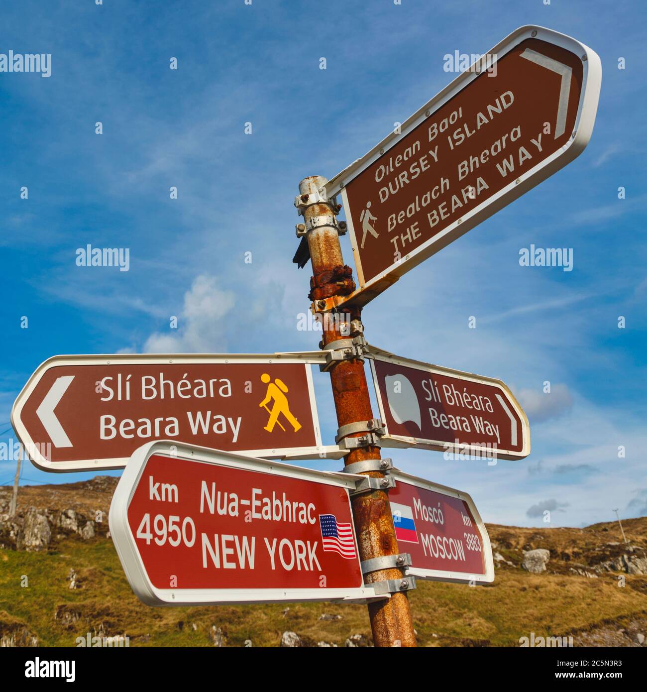 Sign post  in Irish Gaelic and English languages at Dursey Island cable car station on the Beare Peninsula, the Ring of Beare, County Cork, West Cork, Stock Photo