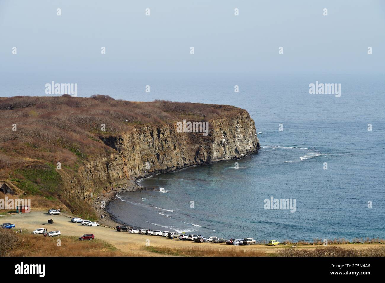 Russia. Vladivostok - April 28, 2019: Local people spend their weekend on the Vyatlin cape. Russky Island, sea of Japan. Pacific ocean Stock Photo