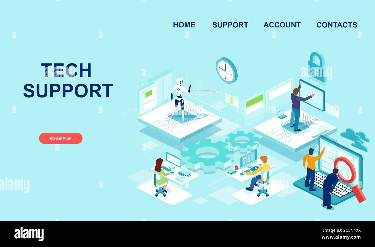 Technical support concept. Vector of IT team and AI offering tech
