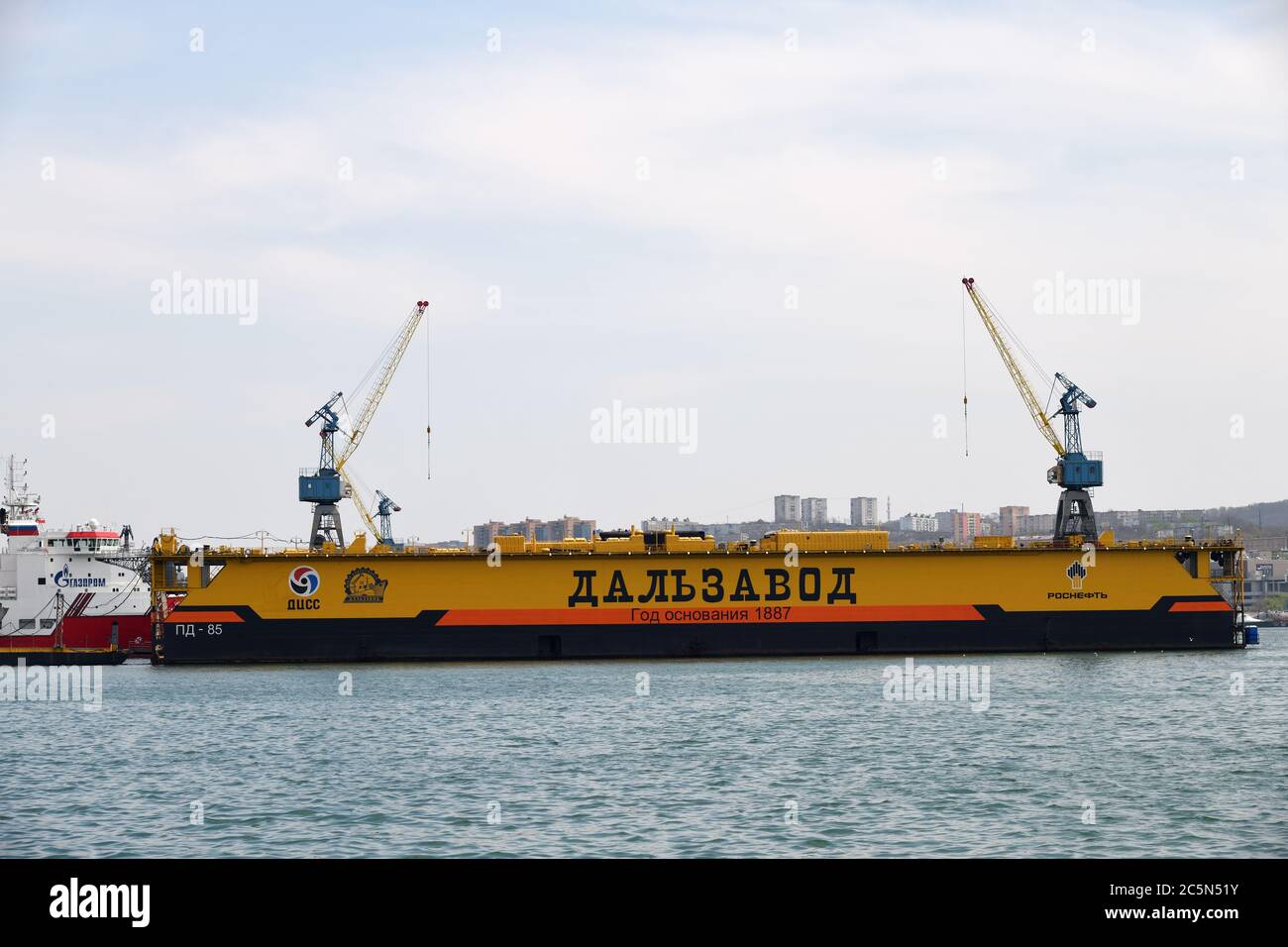Vladivostok, Russia - April 28 15, 2019: Dalzavod dock The largest defense facility in Vladivostok and one of the largest ship repair yards in Russia Stock Photo